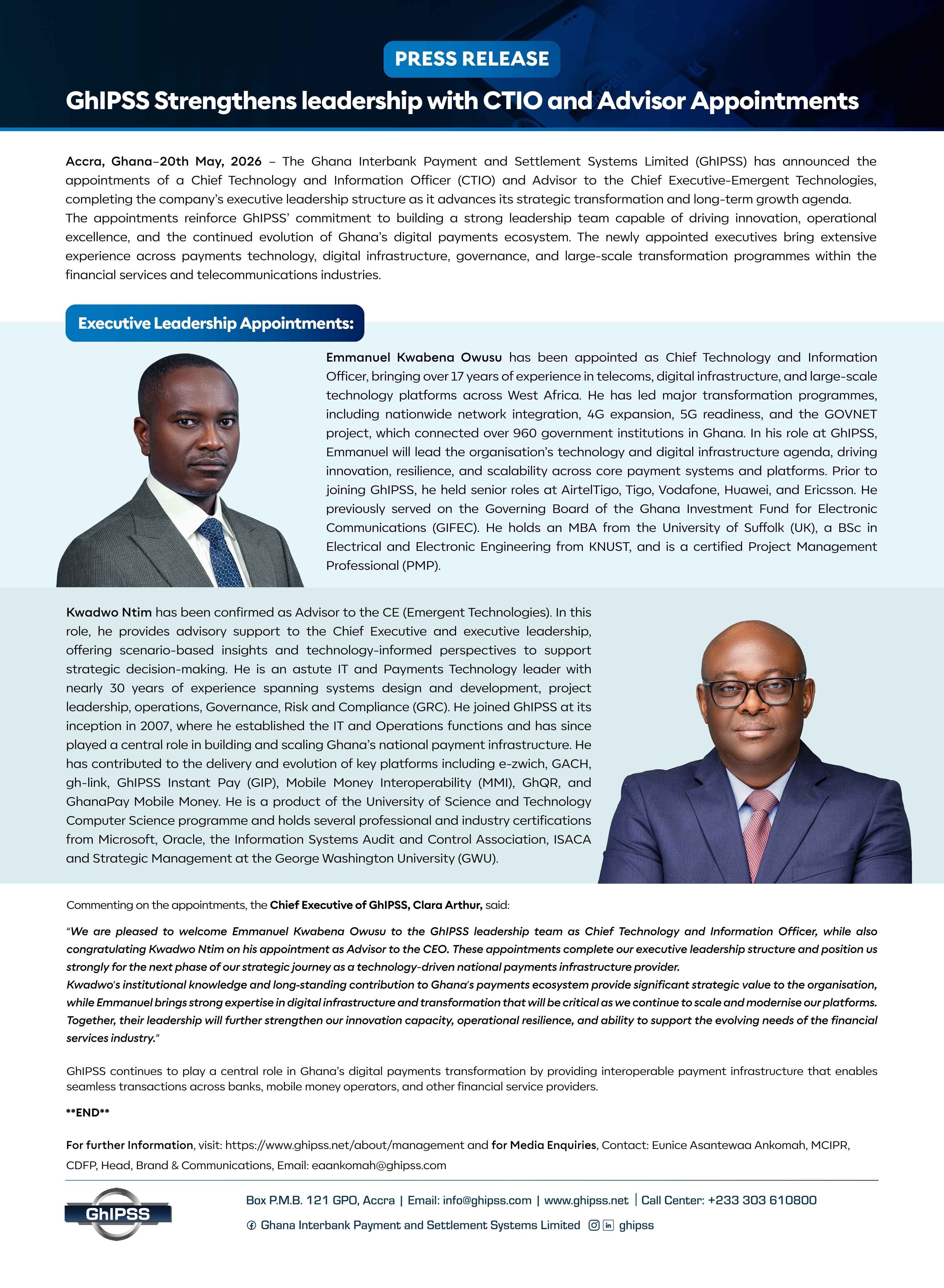 GhIPSS Strengthens leadership with CTIO and Advisor Appointments